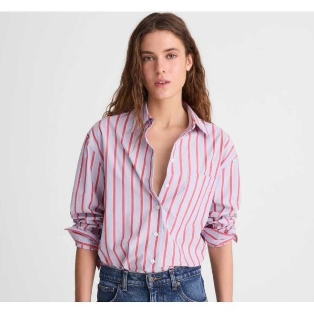 Madewell Top Womens 2XS Tranquil Blue Red Striped Easy Shirt Cotton 2XS NZ421
